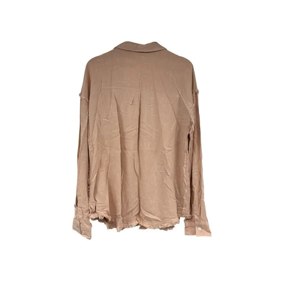 Mazik Boutique Button Up Pink Shirt Raw Hem Linen Blend Womens Large New - Picture 4 of 7